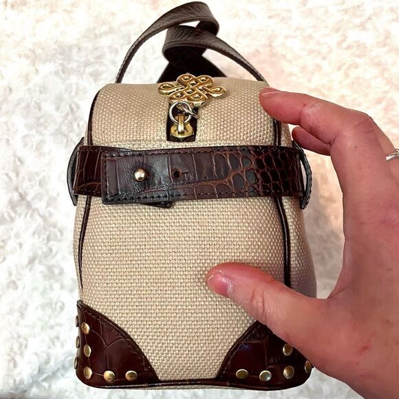 Vintage Diane Von Furstenberg Croc Embossed Leather and Cream Canvas Handbag - Picture 5 of 11